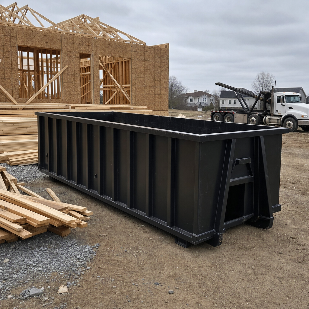 Matte-black 40-yard roll-off dumpster staged on a framed-out residential construction site in Fall River, framing lumber stacked nearby, hooklift delivery truck visible in the background under bright Colorado daylight