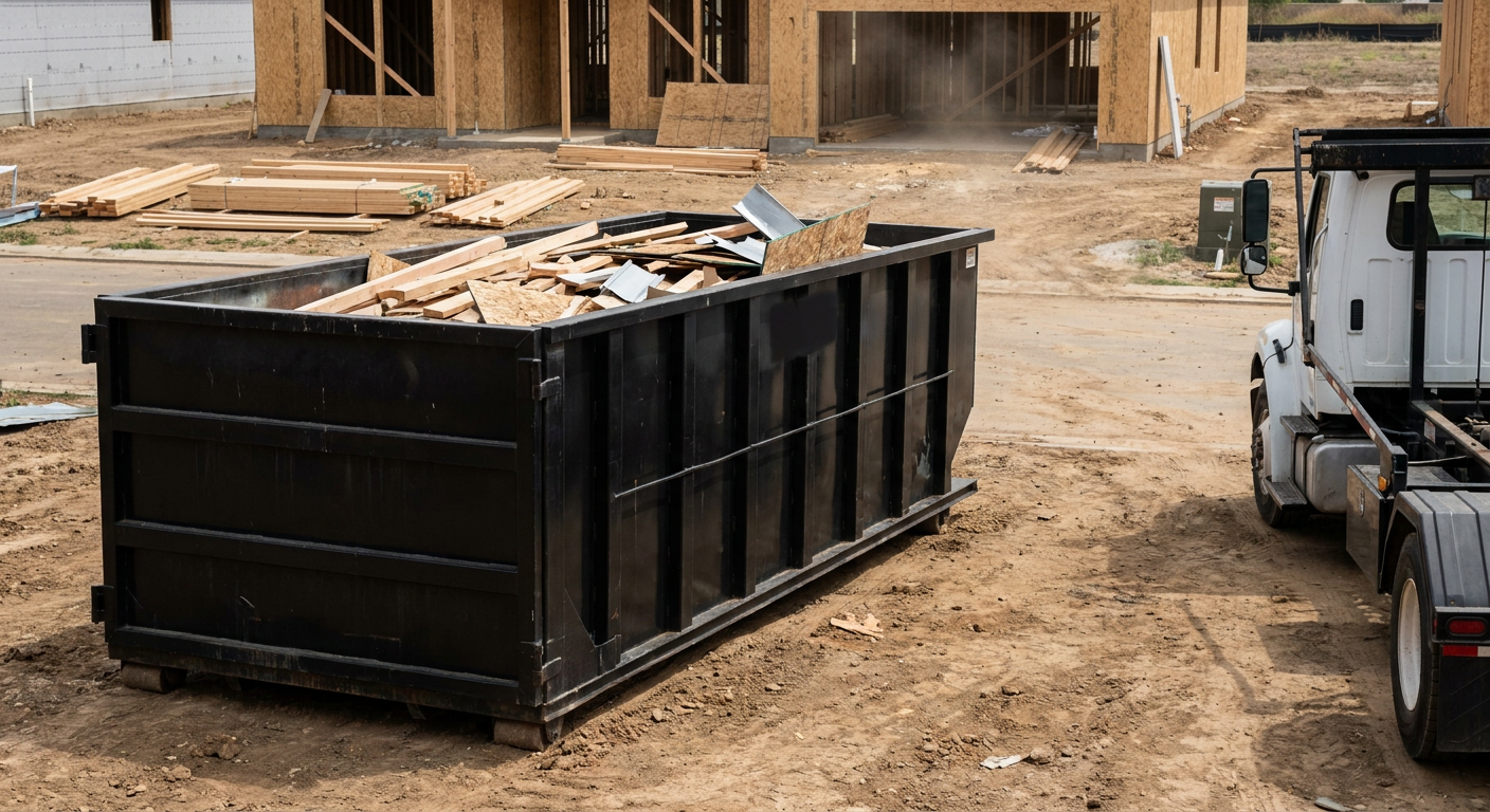Matte-black 20-yard roll-off construction dumpster with heavy ribbed steel sidewalls and swing rear doors at a working jobsite in Fall River, sitting directly on compacted dirt with an unmarked white hauler partially visible at the far edge of the frame.