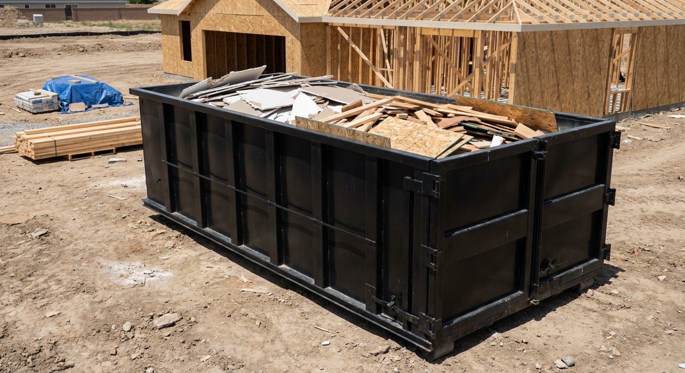 Matte-black 30-yard roll-off construction dumpster sitting directly on the compacted-dirt site of a framed single-family home build in Fall River, drywall and lumber scrap loaded inside.