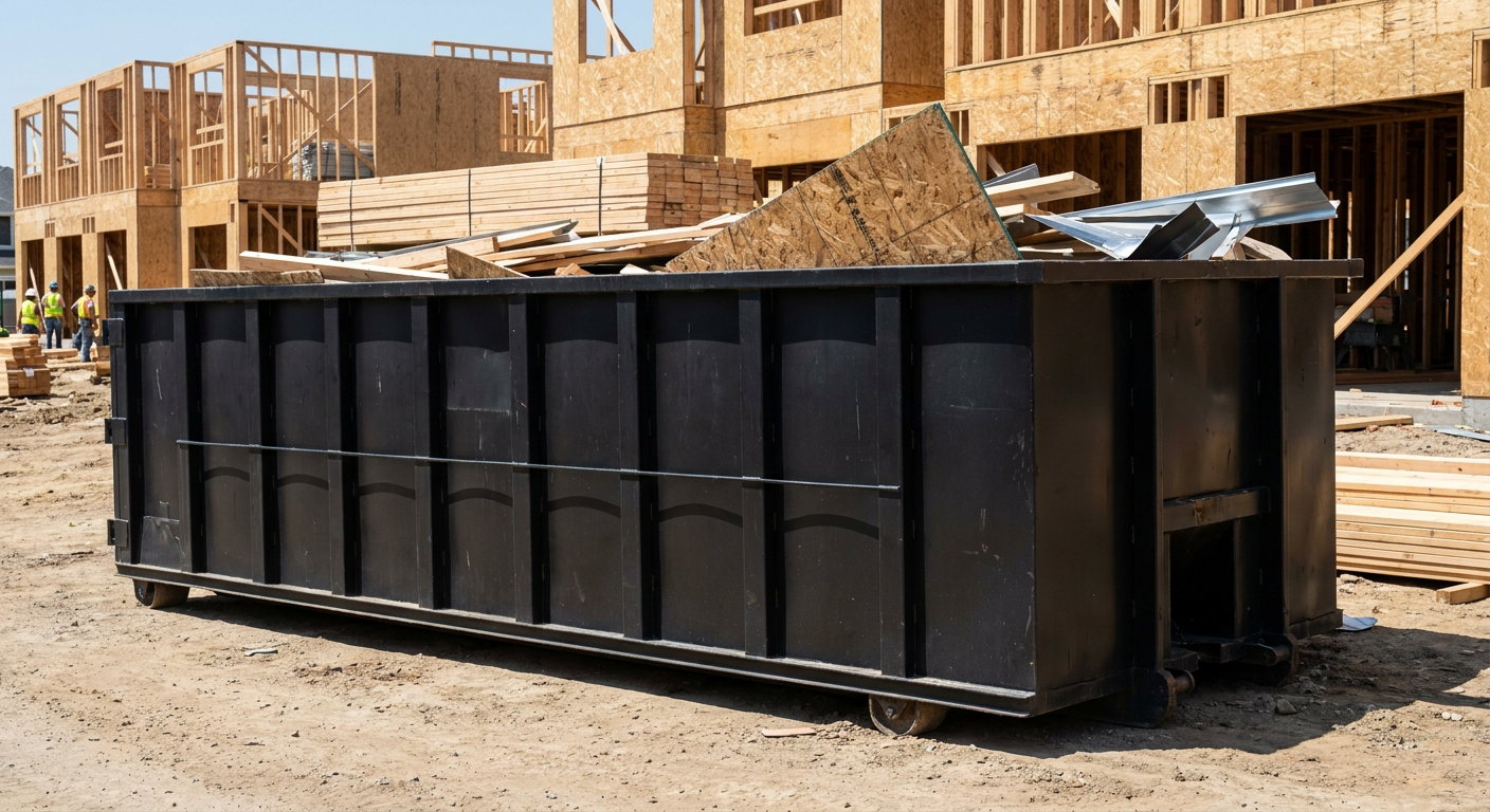 Matte-black 40-yard roll-off construction dumpster being lowered from a white-cab hooklift delivery truck onto the compacted-dirt jobsite at a commercial build site in Fall River