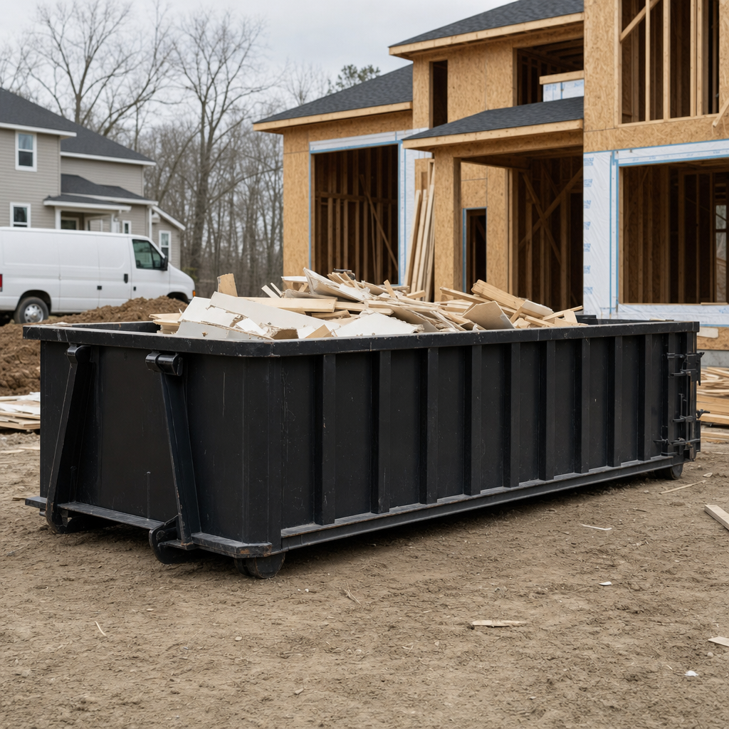 Worker in a yellow high-visibility vest tossing framing lumber and broken drywall into a matte-black 30-yard construction roll-off dumpster on an active build site in Fall River, bright daylight