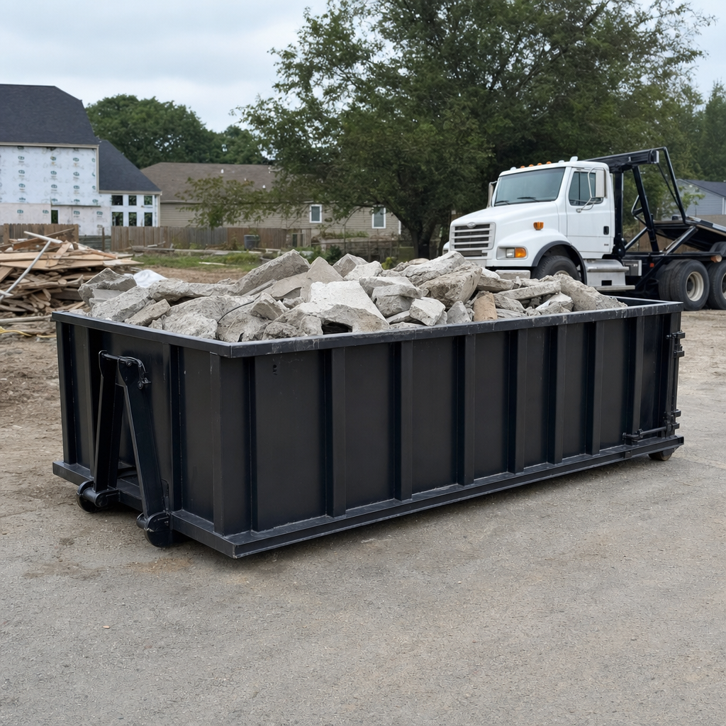 Low-profile matte-black lowboy roll-off dumpster loaded with broken concrete slab and rebar at a foundation tear-out in Fall River, skid steer parked beside it, sunny Colorado morning