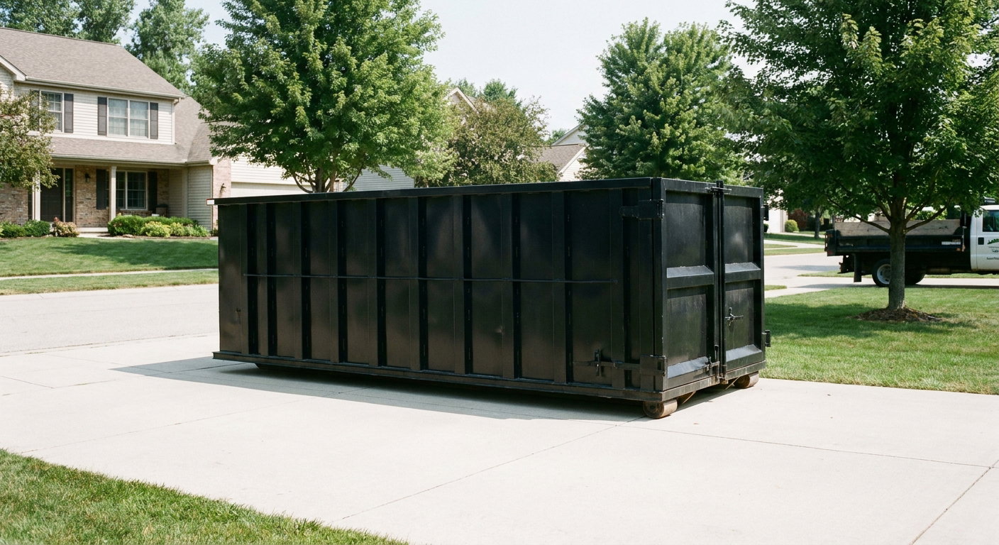 Matte-black 20-yard roll-off dumpster sitting level on a clean Fall River residential concrete driveway under bright daylight, demonstrating clean placement directly on the concrete.