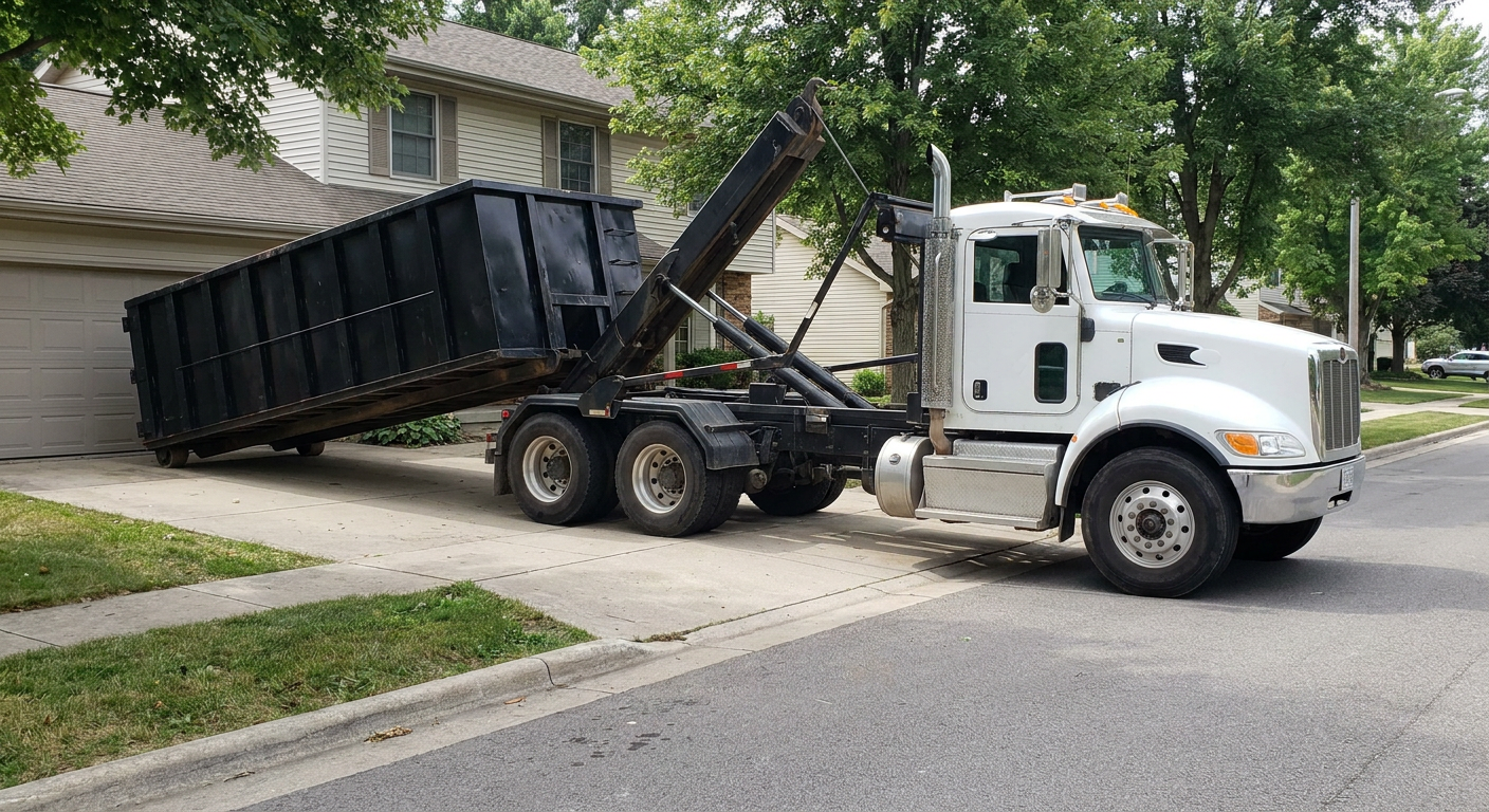 White-cab hooklift roll-off truck actively lowering a matte-black dumpster onto a Fall River residential concrete driveway, the dumpster's rear wheels touching the driveway as the hoist arm tilts the bed forward, mid-morning daylight.