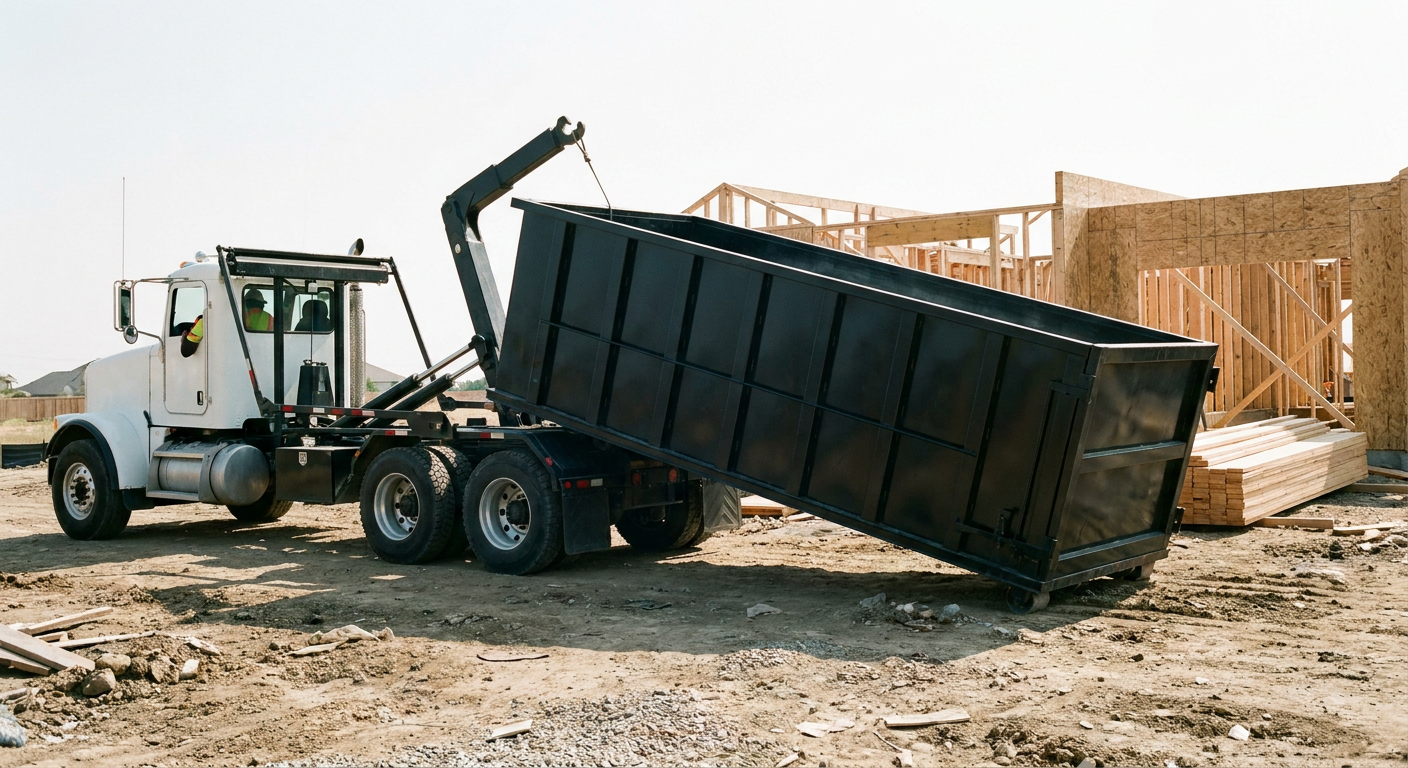Matte-black roll-off dumpster being delivered onto a clean residential concrete driveway in Fall River by an unmarked white hooklift hauler truck, bright morning daylight, documentary 35mm perspective.