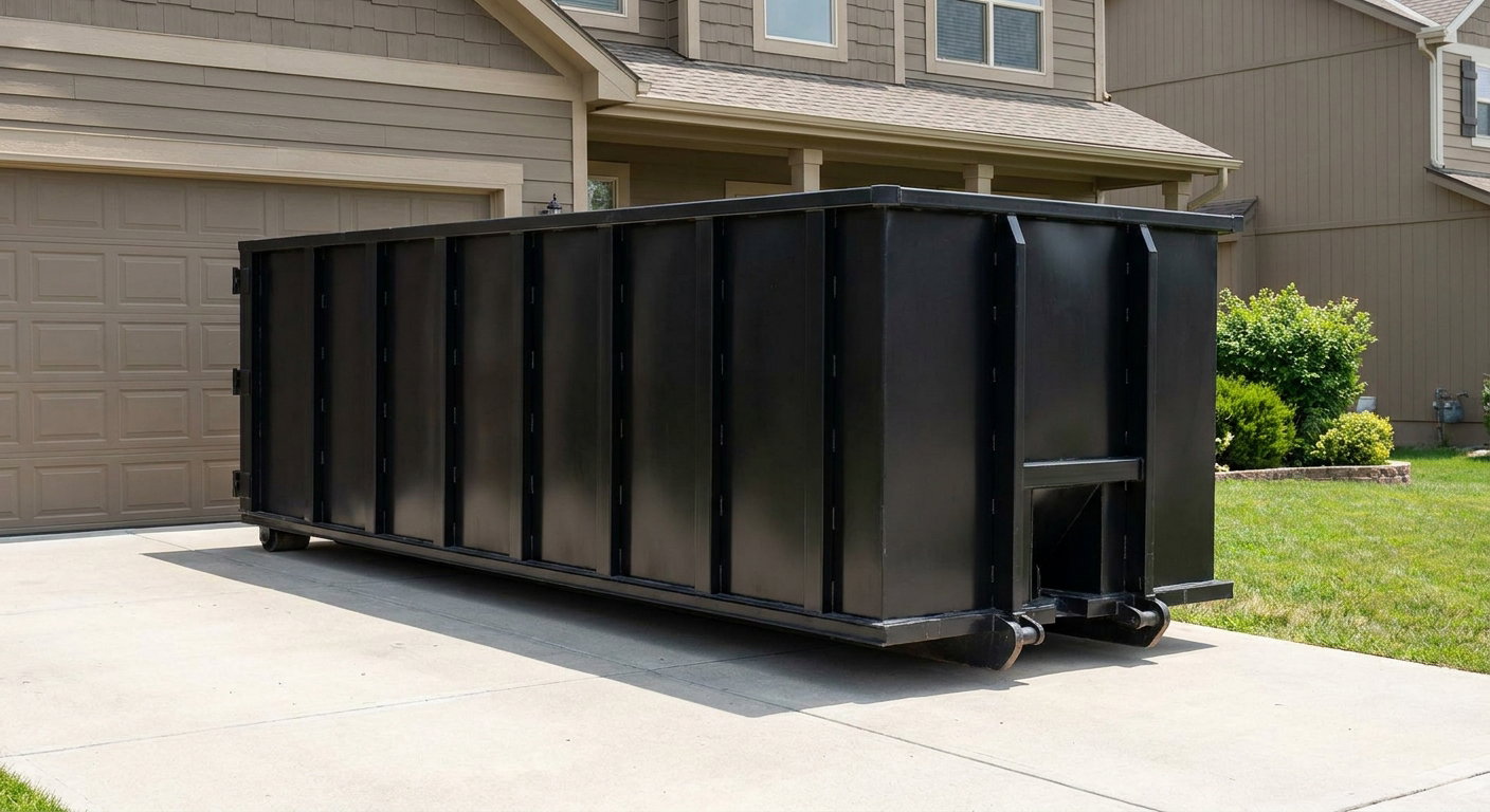 Matte-black residential roll-off dumpster sitting directly on a suburban Fall River concrete driveway, garage door closed, single-family home in background, bright morning daylight.