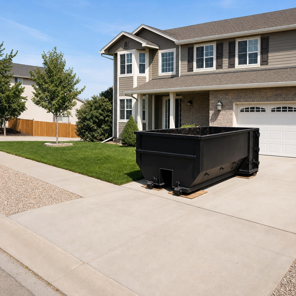 10-yard matte-black residential dumpster placed directly on a narrow Fall River concrete driveway, room remains for a parked sedan beside it, mid-morning natural light