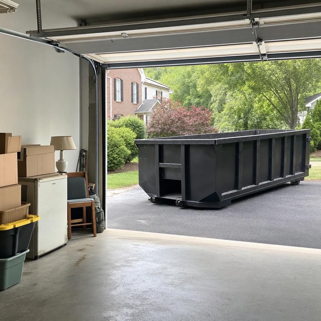 Open garage interior in a Fall River home mid-cleanout — boxed items, an old appliance, and stacked yard tools queued near the driveway for a matte-black roll-off dumpster, organized and calm