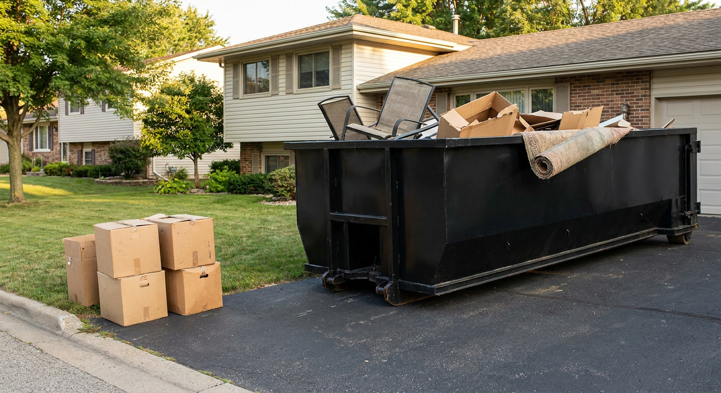 Front-yard view of a Fall River split-level home with a 20-yard matte-black roll-off dumpster sitting directly on the asphalt driveway, a few clearly labeled donation boxes staged at the curb, calm sunny afternoon.