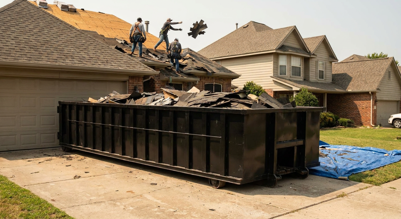 Matte-black roofing roll-off dumpster placed directly on a Fall River residential concrete driveway, a tear-off crew on a two-story asphalt-shingle roof tossing shingle bundles into the low-walled container, bright daylight, documentary 35mm perspective.
