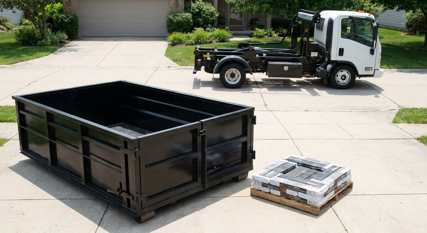 Matte-black 15-yard roofing roll-off dumpster with reinforced low side walls sitting directly on a Fall River residential concrete driveway, three-tab asphalt shingle bundles stacked nearby, an unmarked white hauler truck partially visible at the edge of the frame.