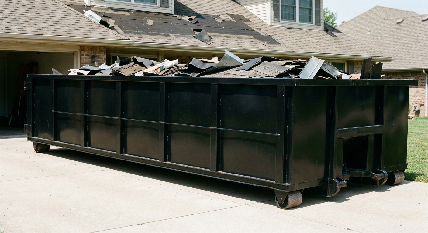 Matte-black 20-yard roofing roll-off dumpster with steel ribbed sides and swinging rear door, sitting directly on the concrete driveway of a two-story Fall River home, asphalt shingle debris being loaded over the low wall, clean documentary lighting.