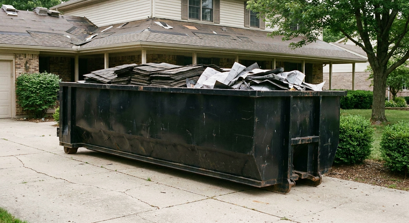 Matte-black 30-yard roofing roll-off dumpster sitting directly on a Fall River concrete driveway, taller ribbed steel side panels, mixed tear-off debris of asphalt shingles and underlayment inside, professional documentary daylight.