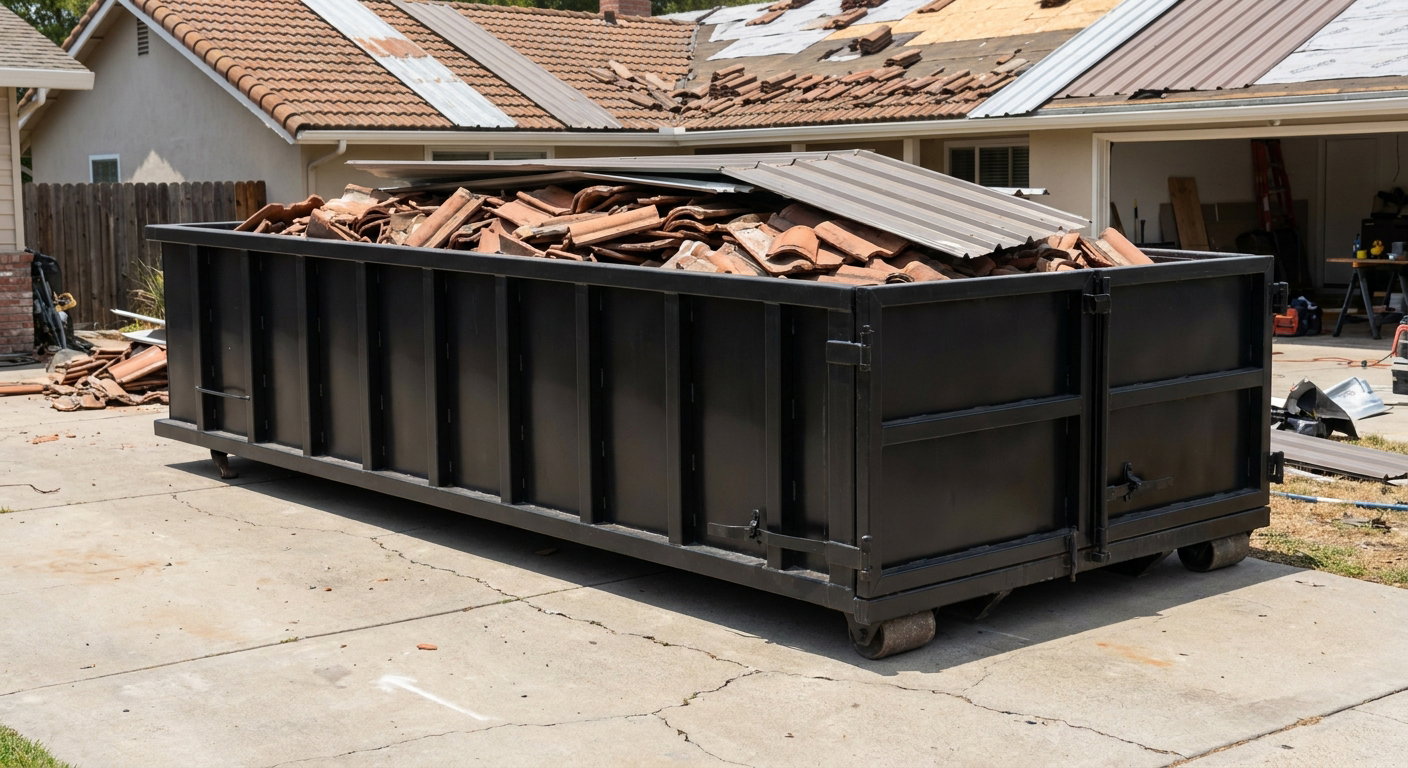 Matte-black low-wall heavy-debris roofing roll-off dumpster sitting directly on a Fall River concrete driveway, broken concrete clay roof tiles and metal panel sections loaded inside, reinforced ribbed steel side walls visible, bright outdoor daylight.