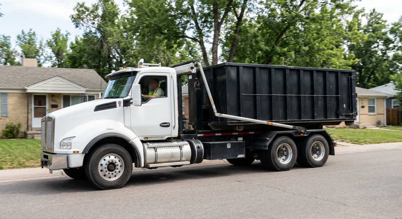 A wide documentary shot of a matte-black roll-off delivery truck pulling onto a quiet Fall River residential street at mid-morning, with neighborhood rooftops and tree-lined blocks visible behind, showing the metro coverage footprint.