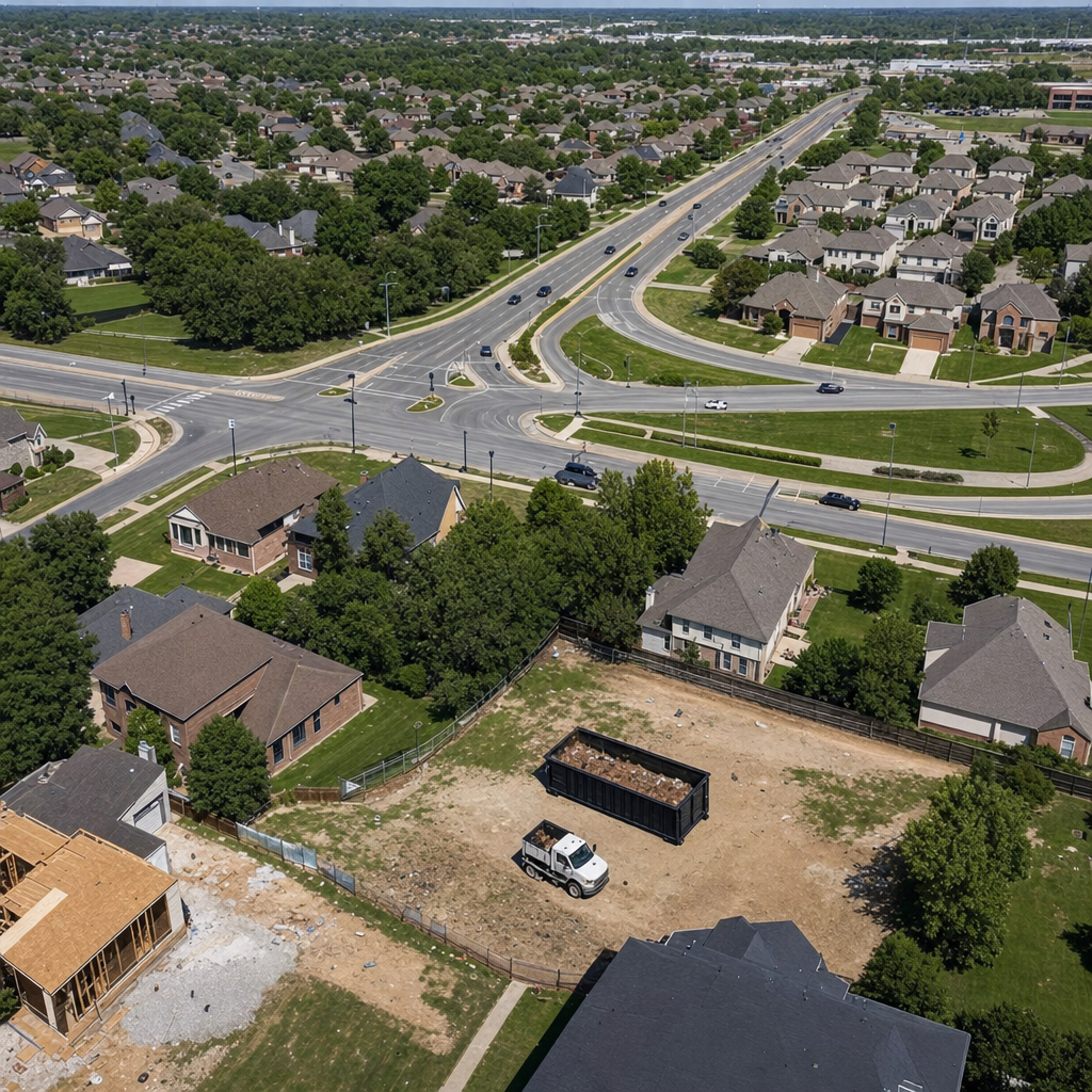 An overhead documentary view of the Fall River metro area at midday, showing the spread of neighborhoods, arterial roads, and the dispatch radius from a central yard — clean daylight, organized geographic layout.