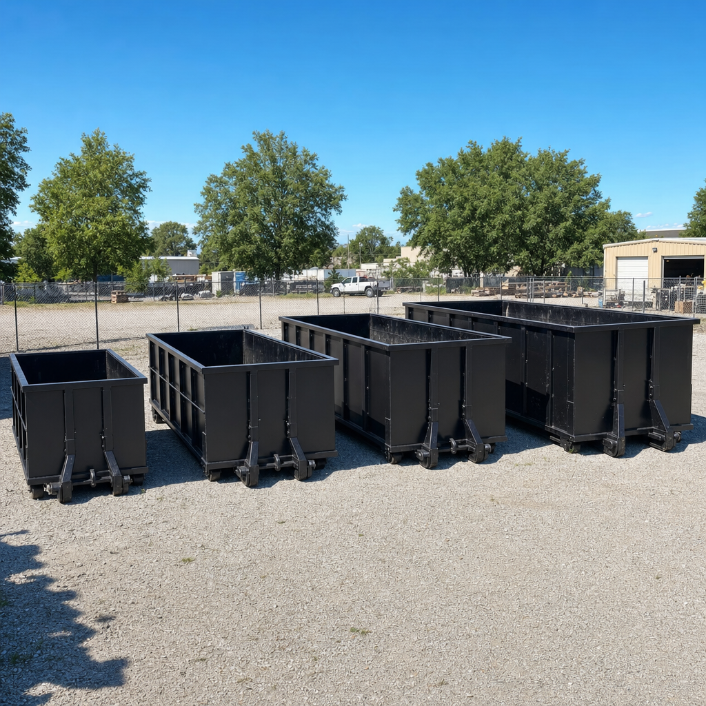 A clean lineup of matte-black roll-off dumpsters in 10, 20, 30, and 40-yard sizes staged on a sunlit gravel yard in Fall River, showing the size progression from compact to commercial-scale containers.