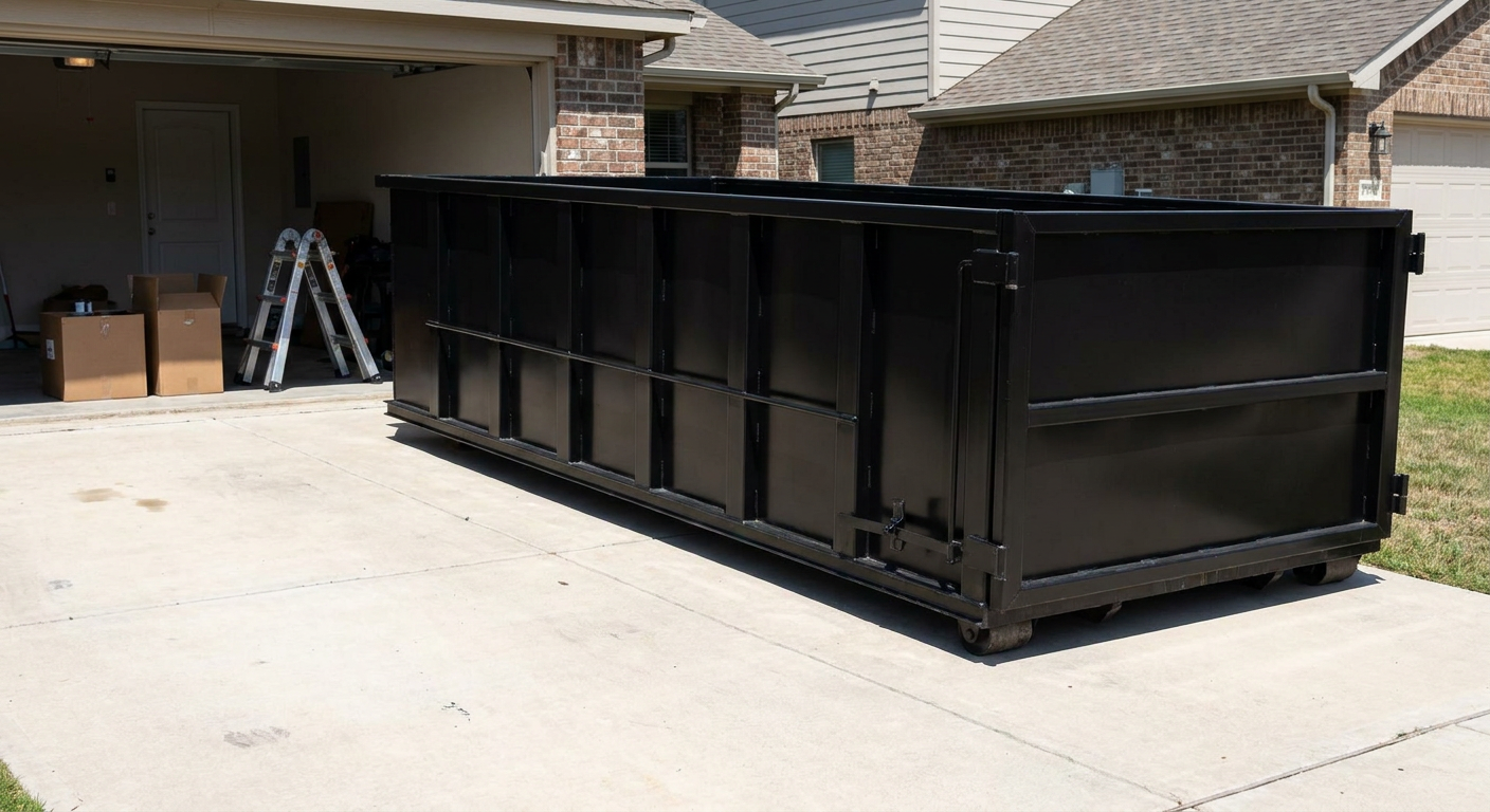 A matte-black 10-yard roll-off dumpster sitting directly on a residential Fall River concrete driveway, mid-day sunlight, clean and ready for a garage cleanout.