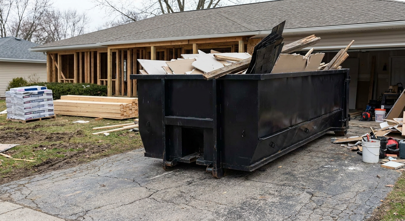A matte-black 20-yard roll-off dumpster placed alongside a mid-renovation Fall River home directly on the asphalt driveway, with framing materials and torn-off shingles staged neatly nearby.