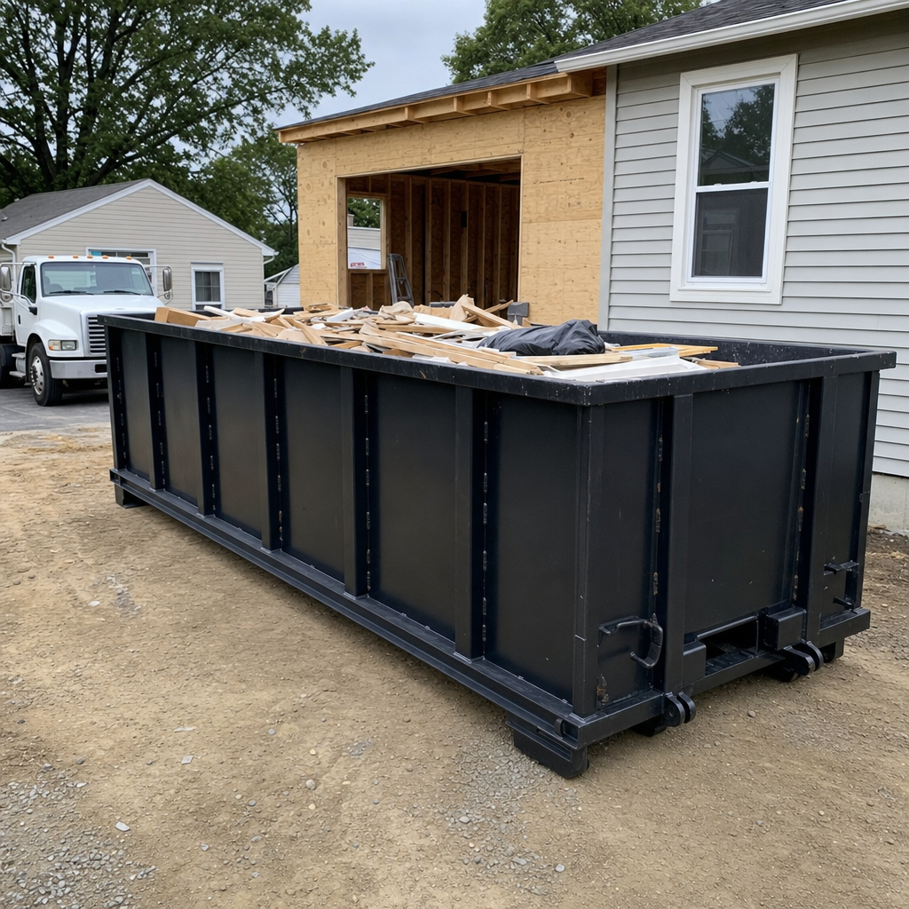 A matte-black 30-yard roll-off dumpster positioned at a Fall River residential addition jobsite, with framing lumber and drywall scraps loaded through the open swinging rear doors.
