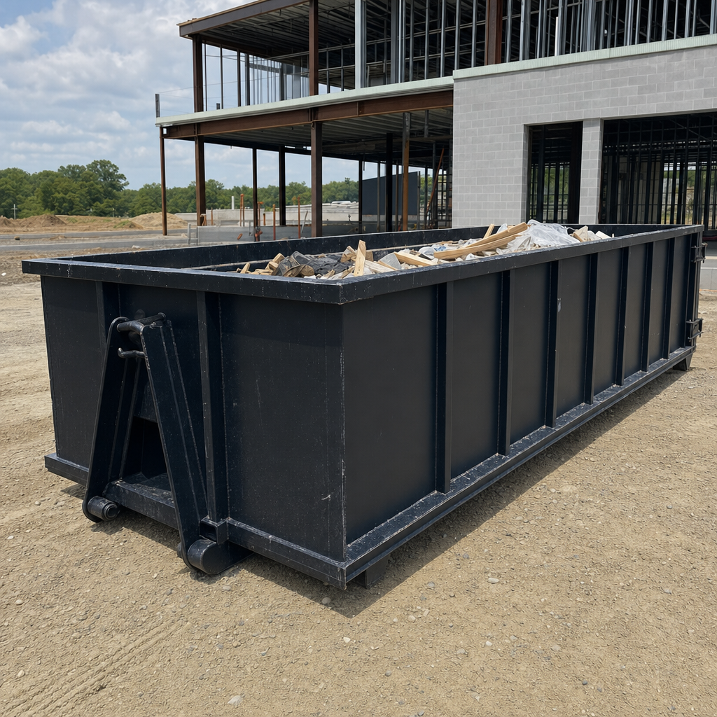 A matte-black 40-yard roll-off dumpster staged on a large Fall River commercial construction lot, with a hooklift delivery truck parked alongside under bright midday sky.