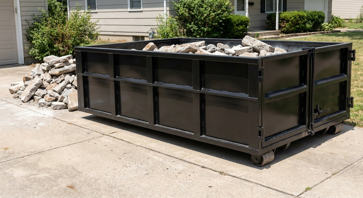 A matte-black low-side heavy-debris roll-off dumpster placed directly on a Fall River concrete driveway, with broken concrete chunks neatly stacked beside it under clean daylight.